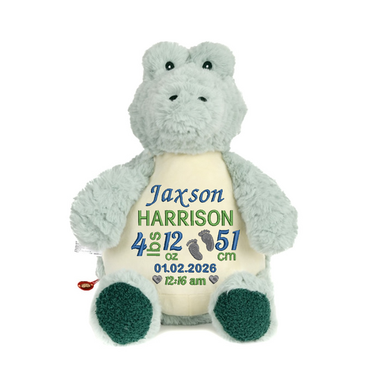 Personalised Alligator Embroidered Birth Info lbs/cm Teddy