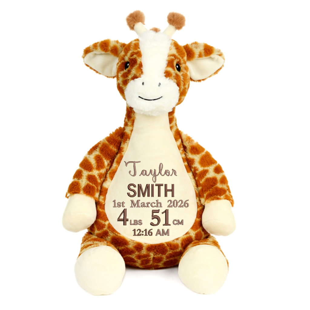 Personalised Baby Giraffe Embroidered Name & Birth Info Teddy