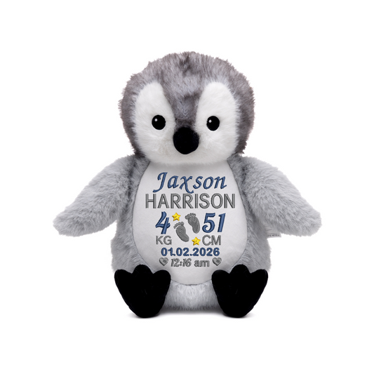 Baby Penguin Embroidered Birth Info kg/cm Teddy