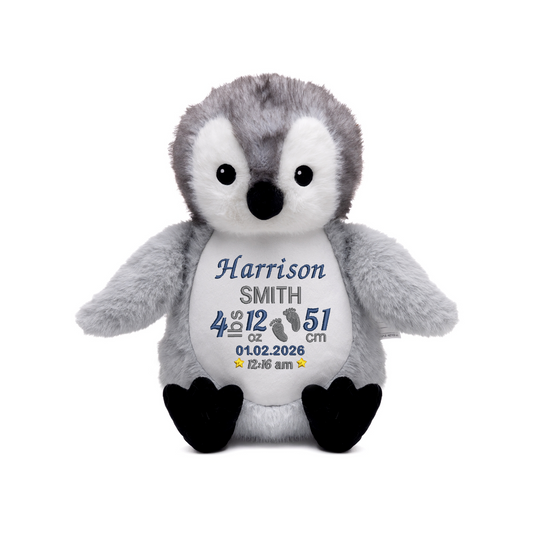 Baby Penguin Personalised Embroidered Birth Info lbs/cm Teddy