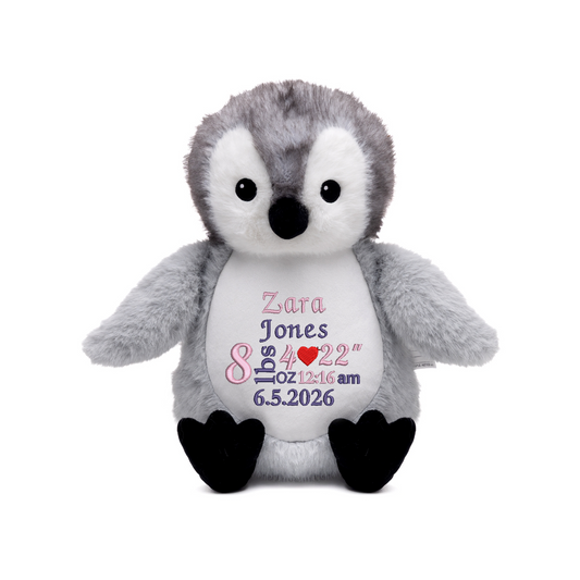 Personalised Baby Penguin Embroidered Name with Birth Info Teddy