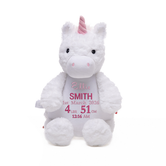 Personalised Baby Unicorn Embroidered Name & Birth Info Teddy