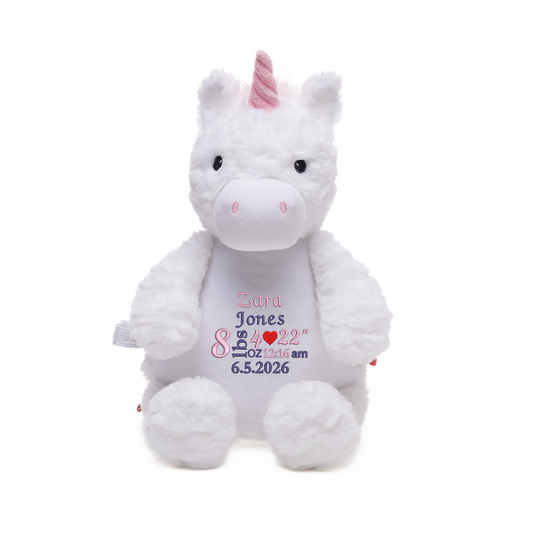 Personalised Baby Unicorn Embroidered Name with Birth Info Teddy