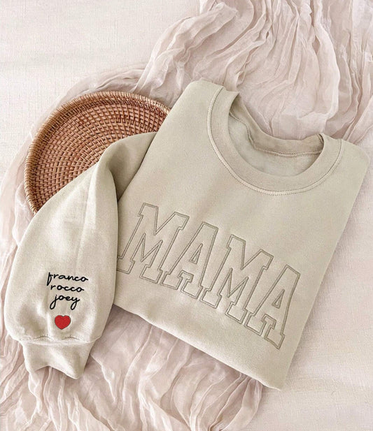 Mama Embroidered Sweater Names on Sleeve