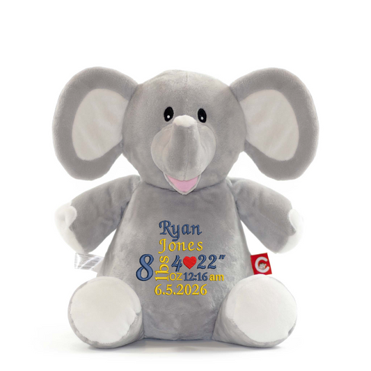 Personalised Grey Elephant Embroidered Name with Birth Info Teddy