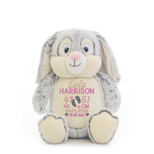 Grey Bunny Embroidered Birth Info kg/cm Teddy