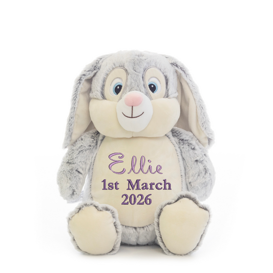 Grey Bunny Embroidered Name & D.O.B Teddy