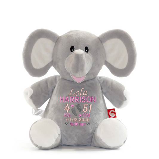 Grey Elephant Embroidered Birth Info kg/cm Teddy