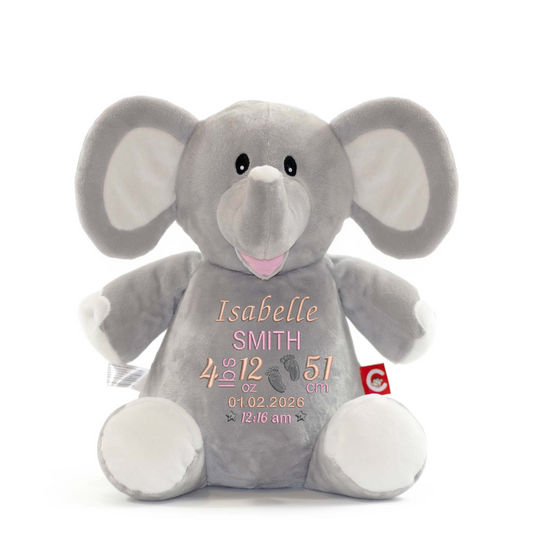 Grey Elephant Embroidered Birth Info lbs/cm Teddy