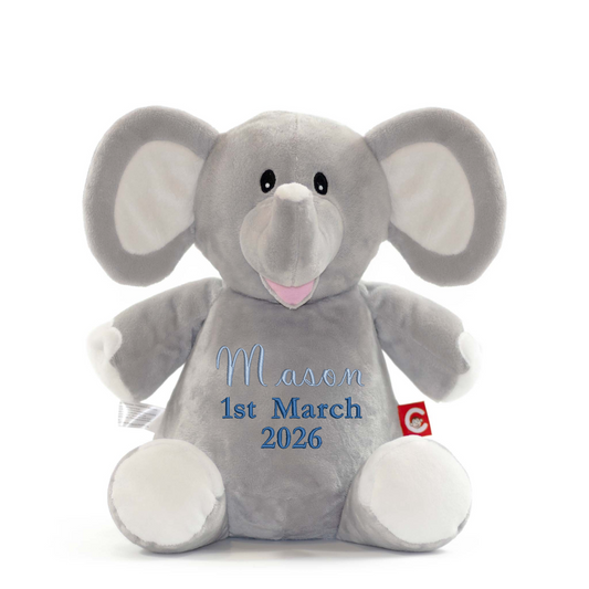 Grey Elephant Embroidered Name & D.O.B Teddy