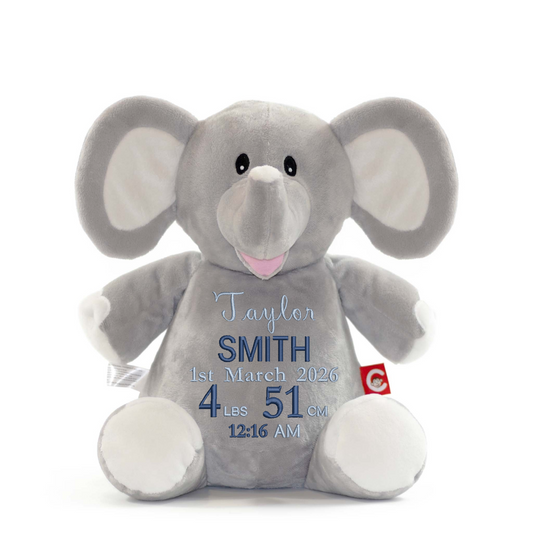 Personalised Grey Elephant Embroidered Name & Birth Info Teddy