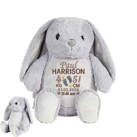 Grey Rabbit Embroidered Birth Info kg/cm Teddy