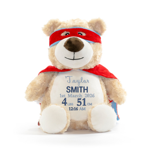 Personalised Hero Bear Embroidered Name & Birth Info Teddy