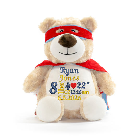 Personalised Hero Bear Embroidered Name with Birth Info Teddy