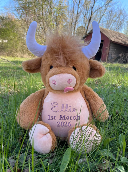 Highland Cow Embroidered Name & D.O.B Teddy