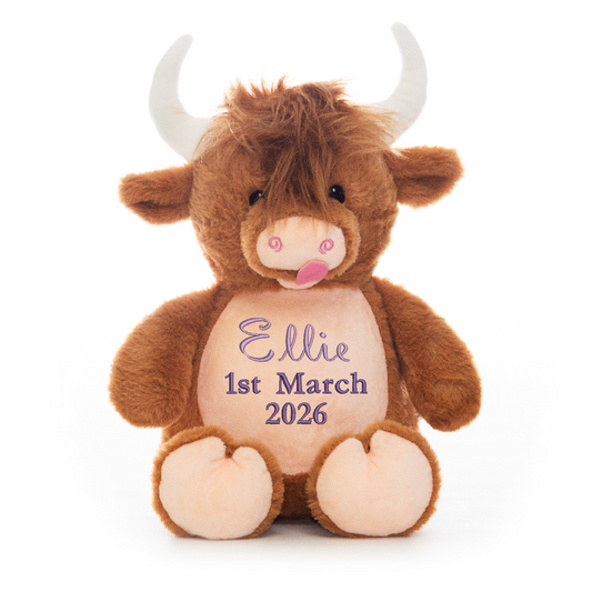Highland Cow Embroidered Name & D.O.B Teddy