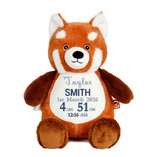 Personalised Red Panda Embroidered Name & Birth Info Teddy