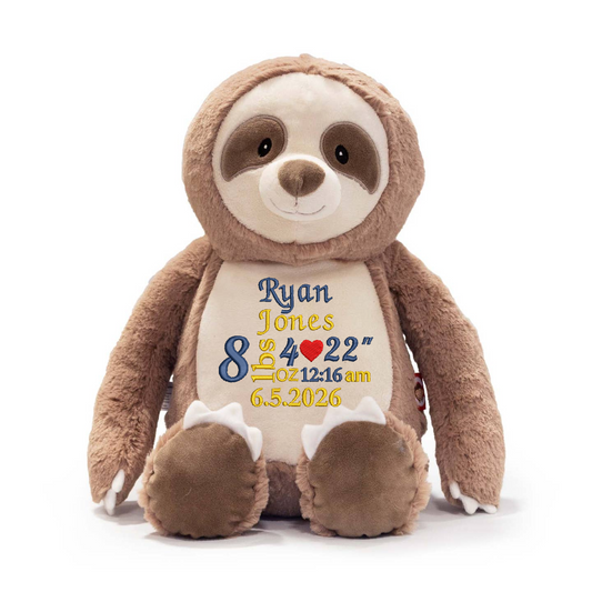 Personalised Sloth Embroidered Name with Birth Info Teddy