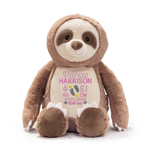 Sloth Embroidered Birth Info kg/cm Teddy