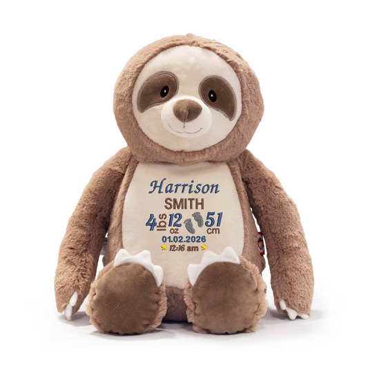 Sloth Embroidered Birth Info lbs/cm Teddy