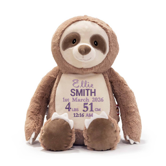 Personalised Sloth Embroidered Name & Birth Info Teddy