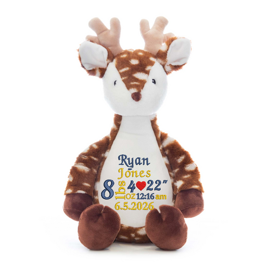 Personalised Snowflake Deer Embroidered Name with Birth Info Teddy