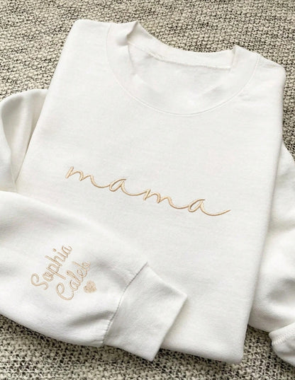 Mama Script Sweatshirt Embroidered Names on Sleeve